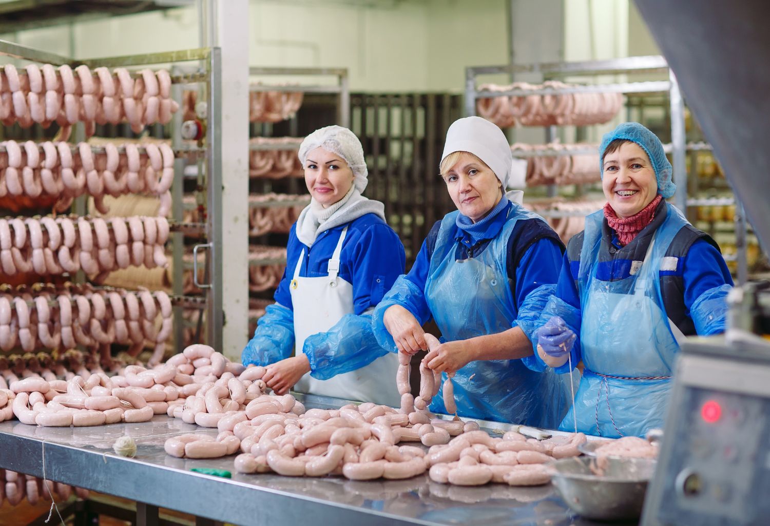 International Food Processing Debt Recovery: Butchers processing sausages at a meat factory.